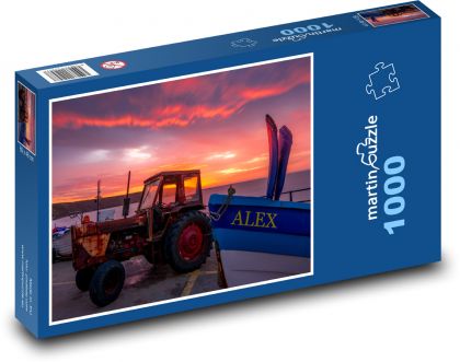 Východ slunce, člun, traktor - Puzzle 1000 dílků, rozměr 60x46 cm