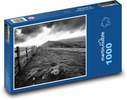 Příroda, hora, dřevěný plot - Puzzle 1000 dílků, rozměr 60x46 cm