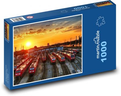 Pociągi w zajezdni na stacji o zachodzie słońca - Puzzle 1000 elementów, rozmiar 60x46 cm