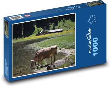 Zvieratá, krava, Alpy - Puzzle 1000 dielikov, rozmer 60x46 cm