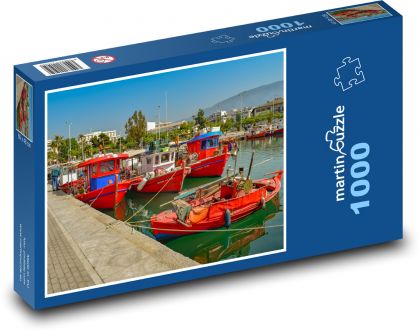 Port śródziemnomorski z czerwonymi statkami - Puzzle 1000 elementów, rozmiar 60x46 cm