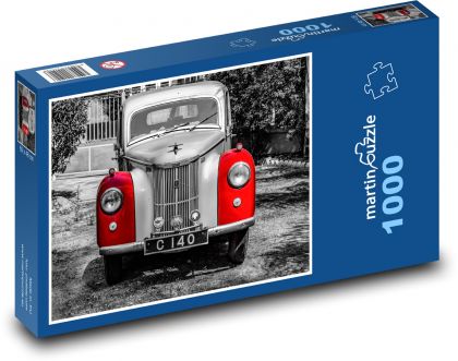 Veteranenauto mit roten Elementen, schwarz-weißes Motiv - Puzzle - 1000 Teile