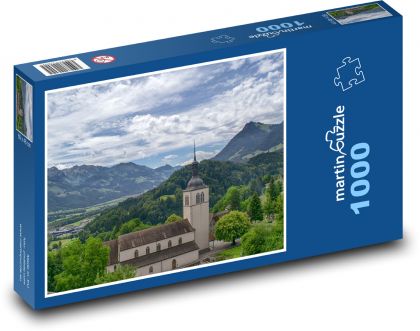 Kostel, hory - Puzzle 1000 dílků, rozměr 60x46 cm