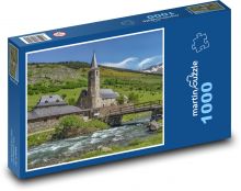 Kostel, hory, řeka Puzzle 1000 dílků - 60 x 46 cm