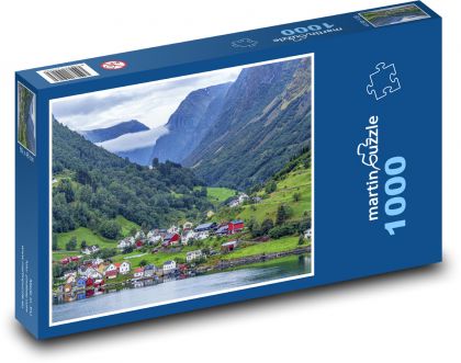 Domy u jezera - Fjordy, Norsko - puzzle 1000 dílků