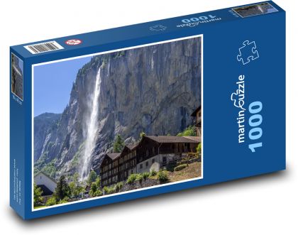 Švýcarsko - vodopád, Alpy - Puzzle 1000 dílků, rozměr 60x46 cm