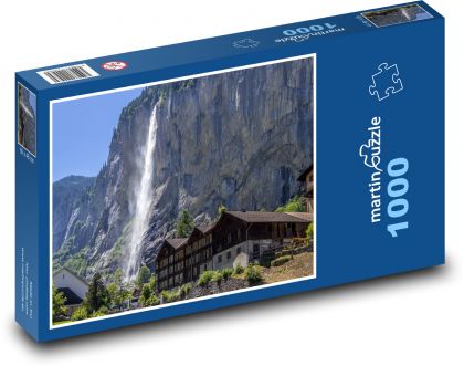 Vodopád vo švajčiarskych Alpách - Puzzle 1000 dielikov, rozmer 60x46 cm