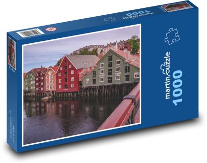 Norsko - domy u řeky - Puzzle 1000 dílků, rozměr 60x46 cm