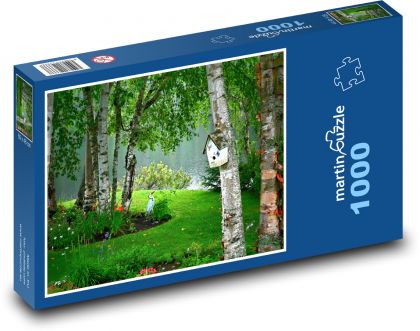 Květiny, park, jezírko - Puzzle 1000 dílků, rozměr 60x46 cm