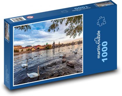 Prague on the Vltava River – Charles Bridge and Swans - Puzzle 1000 pieces, size 60x46 cm 
