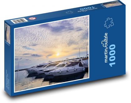 člun, přístav, lodě - Puzzle 1000 dílků, rozměr 60x46 cm