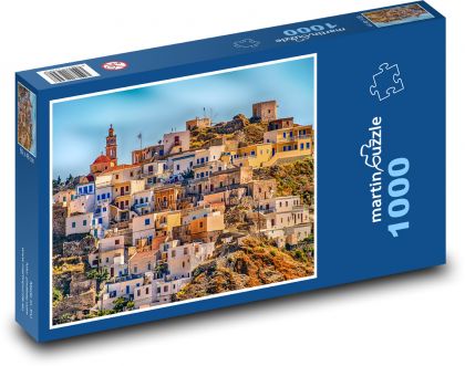 Malé mesto na kopci pri mori Karpathos, Grécko - Puzzle 1000 dielikov, rozmer 60x46 cm