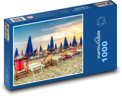 Pláž, lehátka, slunečníky - Puzzle 1000 dílků, rozměr 60x46 cm