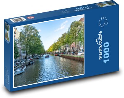 Kanał miejski z łodziami, Amsterdam - Puzzle 1000 elementów, rozmiar 60x46 cm
