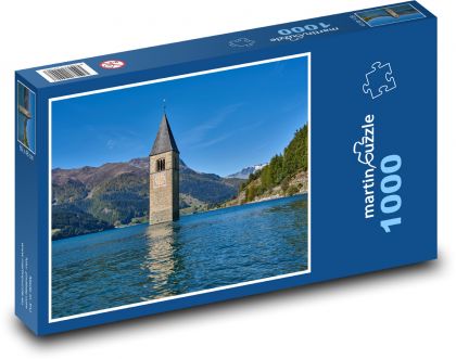 Wieża w jeziorze, Włochy - Reschensee - Puzzle 1000 elementów, rozmiar 60x46 cm