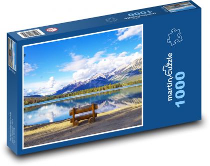 Horské jazero s lavičkou - Puzzle 1000 dielikov, rozmer 60x46 cm