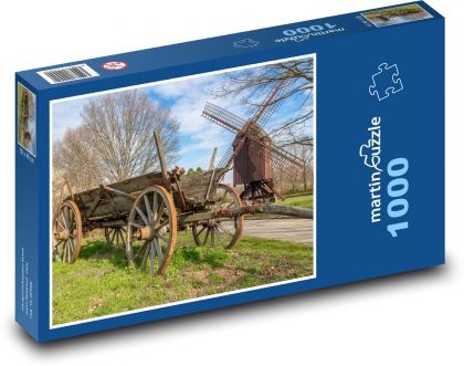 Dřevěný vůz a větrný mlýn - Puzzle 1000 dílků, rozměr 60x46 cm