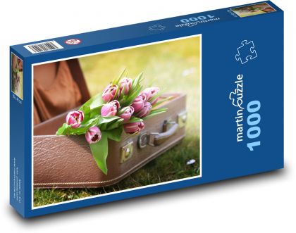 Tulipány - kufor, kvety - Puzzle 1000 dielikov, rozmer 60x46 cm