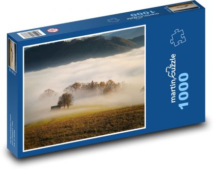 Stromy - mlha, louka, les - Puzzle 1000 dílků, rozměr 60x46 cm