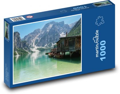 Horská chata - jezero - Puzzle 1000 dílků, rozměr 60x46 cm