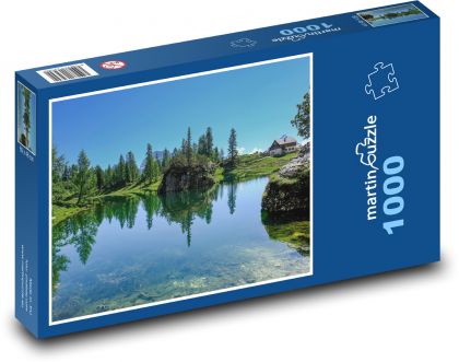 Horské jezero - voda, hory  - Puzzle 1000 dílků, rozměr 60x46 cm