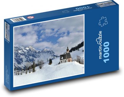 Zimní krajina - kostel, sníh - Puzzle 1000 dílků, rozměr 60x46 cm