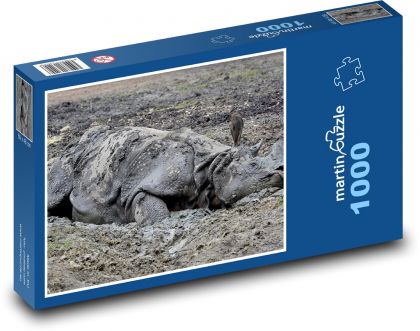 Nosorožec - bahno, koupel - Puzzle 1000 dílků, rozměr 60x46 cm