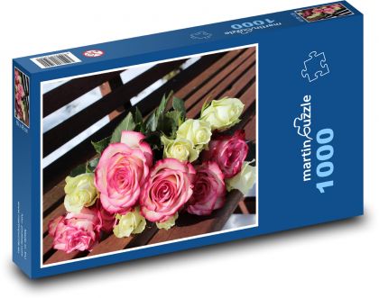 Růže, kytice, lavice - Puzzle 1000 dílků, rozměr 60x46 cm