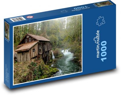 Drevený dom, rieka, les - Puzzle 1000 dielikov, rozmer 60x46 cm