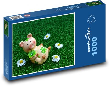 Prosięta z czterolistną koniczyną na trawie - Puzzle 1000 elementów, rozmiar 60x46 cm