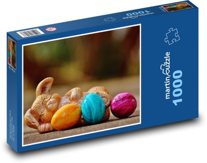 Velikonoční dekorace - zajíček, vajíčka - Puzzle 1000 dílků, rozměr 60x46 cm