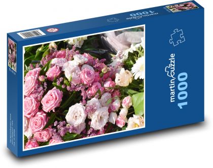 Růžové růže - kytice, květiny - Puzzle 1000 dílků, rozměr 60x46 cm