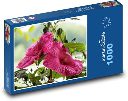 Ibištek - ružový kvet, záhrada - Puzzle 1000 dielikov, rozmer 60x46 cm