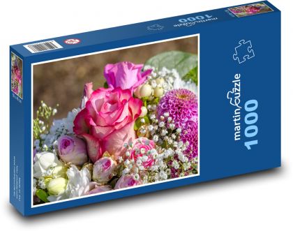 Kytice růží - růžový květ, dárek - Puzzle 1000 dílků, rozměr 60x46 cm