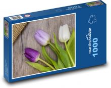 Fioletowe tulipany - wiosna, kwiat Puzzle 1000 elementów - 60x46 cm