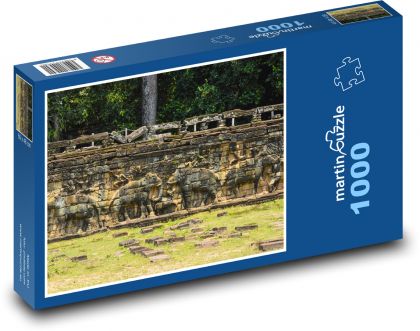 Zeď se slony - kámen, Kambodža - Puzzle 1000 dílků, rozměr 60x46 cm