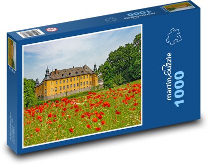 Hrad - vlčí mák, květiny - Puzzle 1000 dílků, rozměr 60x46 cm