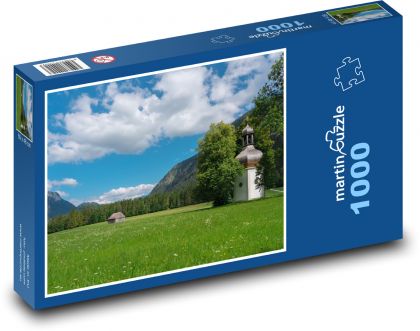 Łąka, kaplica, krajobraz - Puzzle 1000 elementów, rozmiar 60x46 cm
