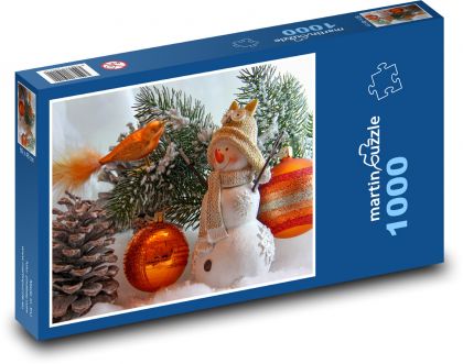 Vánoce - sněhulák, dekorace - Puzzle 1000 dílků, rozměr 60x46 cm