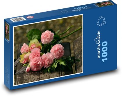 Kytice - růžový květ, lavička - Puzzle 1000 dílků, rozměr 60x46 cm