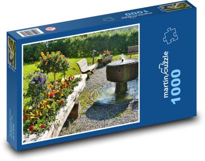 Kašna - květiny, zahrada - Puzzle 1000 dílků, rozměr 60x46 cm
