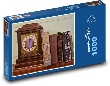 Drevené hodiny - knihy, starožitné - Puzzle 1000 dielikov, rozmer 60x46 cm
