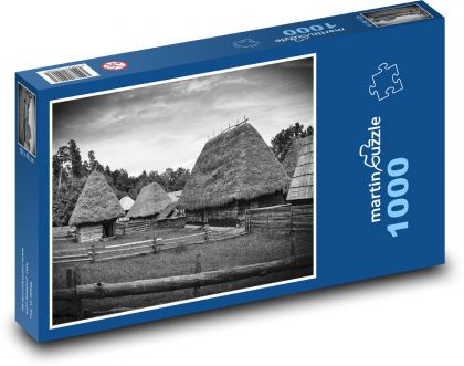 Venkovská farma - chatrče, stodola - Puzzle 1000 dílků, rozměr 60x46 cm
