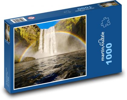 Island - vodopád, duha - Puzzle 1000 dílků, rozměr 60x46 cm