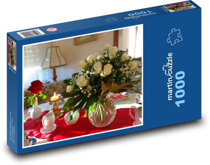 Bílé růže - kytice, květ - Puzzle 1000 dílků, rozměr 60x46 cm
