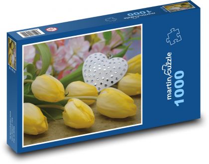 Žluté tulipány - srdce, dárek - Puzzle 1000 dílků, rozměr 60x46 cm
