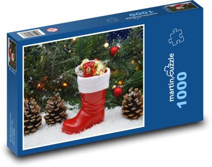 Vianočná topánka - šišky, vianočné dekorácie - Puzzle 1000 dielikov, rozmer 60x46 cm