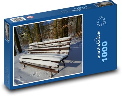 Lavička - sníh, zima - Puzzle 1000 dílků, rozměr 60x46 cm