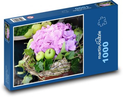 Ružové kvety - hortenzie, jablká - Puzzle 1000 dielikov, rozmer 60x46 cm