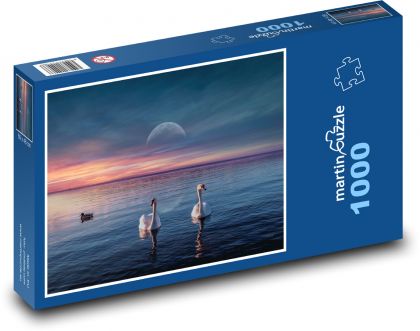 Západ slunce - labutě, jezero - puzzle 1000 dílků
